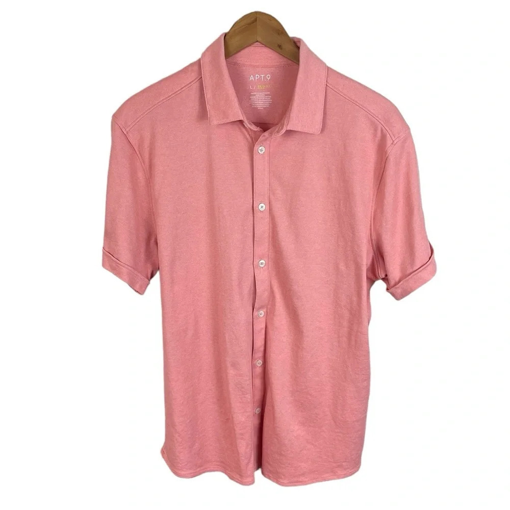 PO765 Men’s APT.9 Premier Flex Coral Beach Button Down Shirt L
